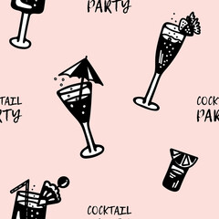 Pattern with black and white cocktails and lettering Cocktail party. Drinks with ice, fruits, berries, alcohol on a pink background. Vector illustrations for cafe design, bar design, menu, decor