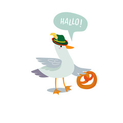 A cute seagull wearing a traditional German hat and holding a pretzel. Bubble inscription - "hello" - German.