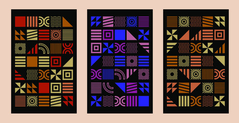 Abstract geometric cover designs. Black covers with colorful geometric shapes. Composition with geometry. Abstract vector backgrounds
