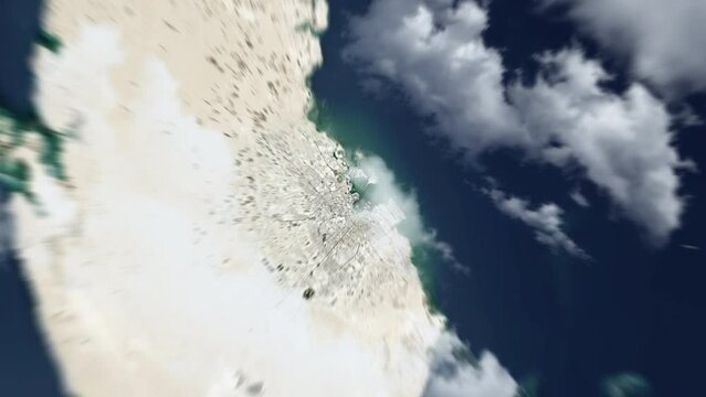 Zooming on Doha, Qatar. Earth zoom in from outer space to city. The animation continues by zoom out through clouds and atmosphere into space. View of the Earth at night. Images from NASA. 4K