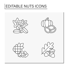  Nuts line icons set. Kola and pine nuts, pumpkin seeds.Ingredients for food preparation.Balanced nutrition concept. Isolated vector illustration. Editable stroke