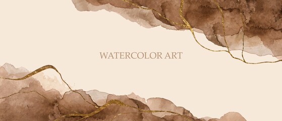 Elegant marble, stone  texture. Watercolor, ink vector background with brown,  grey,  beige for cover, invitation template, wedding card, menu design. Golden goil lines, crack, stone veins. 