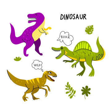 Collection of cute dinosaurs, tyrannosaurus, velociraptor, spinosaurus. Plants. Flat design. Isolated.