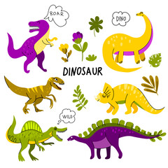 Collection of cute dinosaurs, tyrannosaurus, triceratops, velociraptor, diplodocus, spinosaurus, stegosaurus. Plants. Flat design. Isolated.