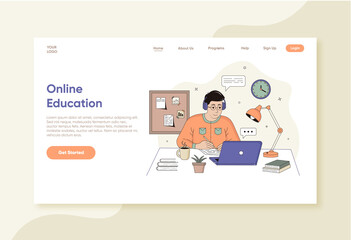 Vector hand drawn online learning web template. Flat linear online learning landing page.