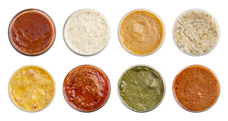 salsas en vista cenital en fondo blanco, salsa roja, salsa verde, salsa quinua, salsa queso...