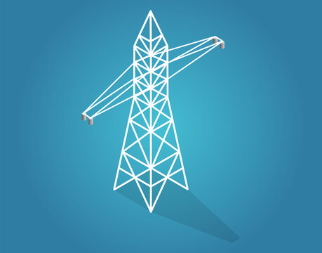 High-voltage Power Line. Transmission Tower With Its Lines Of Electric Current Isometric Construction On Blue Background. Line Energy Technology And Industrial Electric, Steel Construction Equipment
