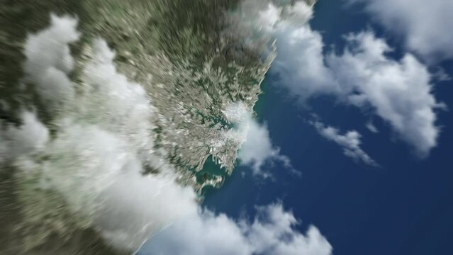 Zooming on Sydney, Australia. Earth zoom in from outer space to city. The animation continues by zoom out through clouds and atmosphere into space. View of the Earth at night. Images from NASA. 4K