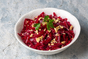 Traditional Turkish appetizers; Red beet salad (Turkish name; Pancar salatasi mezesi), Beetroot Salad