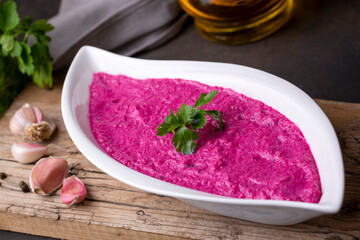 Traditional Turkish cuisine; Beetroot appetizer, pink sultan, beet paste (Turkish name; Pembe Sultan)