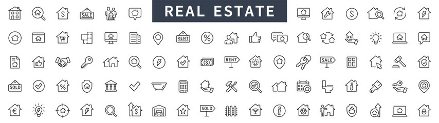 Fototapeta Real Estate thin line icons. Real estate symbols set. Home, House, Agent, Plan, Realtor icon. Real estate icons set. Vector illustration obraz