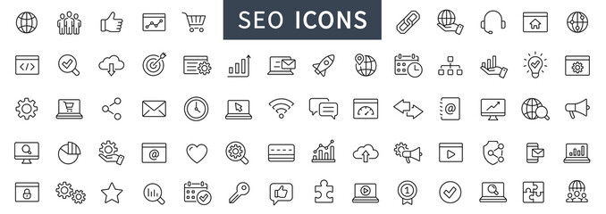 Search Engine Optimization thin line icons set. SEO icon collection. Web development and optimization icons. Vector illustration