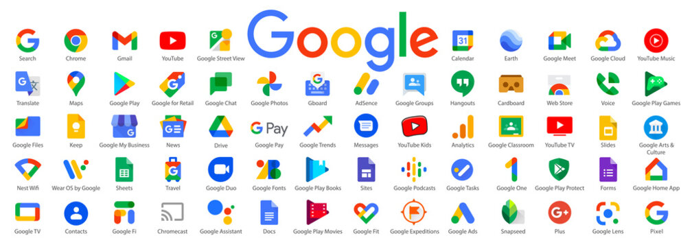 Google products logo. Set of Google products. Google Chrome, Translate, Gmail, Maps, Drive. Vector illustration