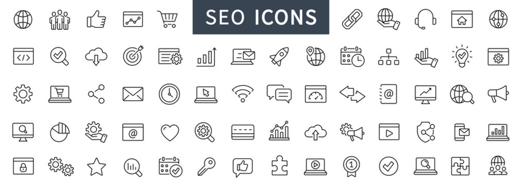 Search Engine Optimization thin line icons set. SEO icon collection. Web development and optimization icons. Vector illustration