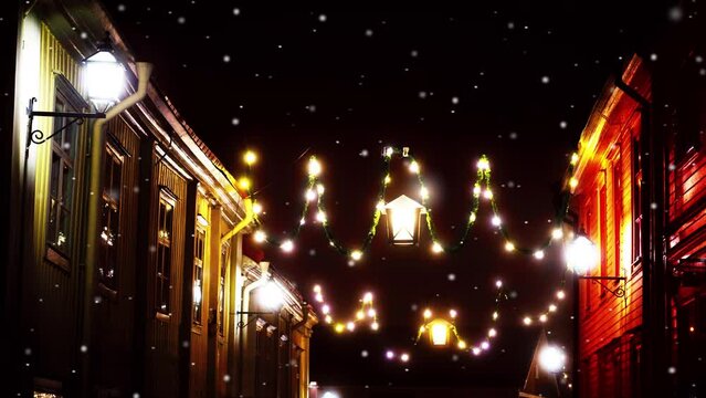 Christmas decorations in small town in romantic snowfall