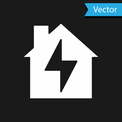 White House and lightning icon isolated on black background. Home energy. Vector
