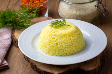 A plate of saffron rice pilaf (Turkish name; safranli pilav)