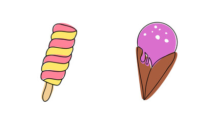 Set of ice creams hand draw illustration with color. Vector minimalism