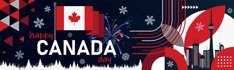 Canada day banner for independence day. Fireworks and snowflakes. Retro abstract design with Canadian flag. Dark Red White Maple leaf winter theme. Toronto skyline night. Vector Illustration.