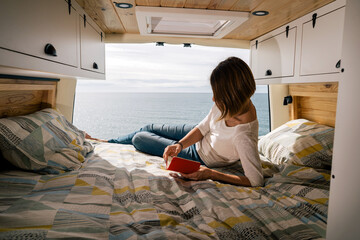 vanlife, lifestyle, van, reading, book, freedom, wild, vehicle, transportation, caravan, landscape, active, vacation, camper, camp, woman, literature, concept, female, people, studying, peace, enjoyin