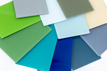 Colored glass samples, Cold colors palette, interior design, decorative room finishes, Glass materials