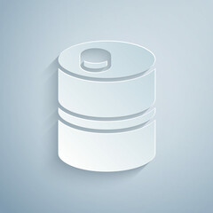 Paper cut Metal beer keg icon isolated on grey background. Paper art style. Vector