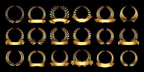 Gold laurel wreath. Roman trophy badge, golden branch emblem with leaves and ribbon, elegant laurels circle border vector set