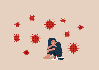 Solitude and depression from social distancing. Anxiety from virus infection, isolated stay home alone in COVID-19 coronavirus crisis.