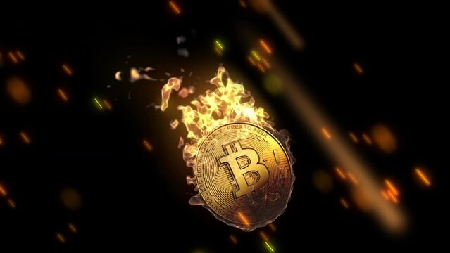 3D animated Bitcoin falling on flames for news and media