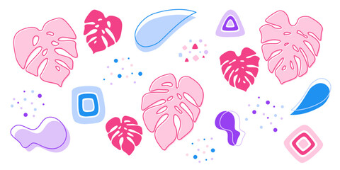Naklejka premium Kolekcja minimalistycznych wektorowych kształtów w kolorze różowym, niebieskim i fioletowym. Liście monstery, organiczne kształty, figury geometryczne, ramki do dekoracji.