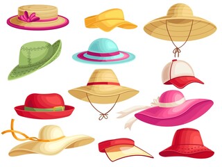 Female summer hats. Beach sun cap, vacation panama and stylish lady hat cartoon vector set