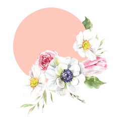 Watercolor spring floral frame illustration, Easter flower geometric  frame , tulip,anemone,rose wreath, frame, for wedding stationery, nursery decor, greenery botanical save the date, baby shower diy