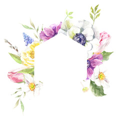 Watercolor spring floral frame illustration, Easter flower hexagon frame , tulip,anemone,rose wreath, frame, for wedding stationery, nursery decor, greenery botanical save the date, baby shower diy