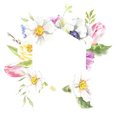 Watercolor spring floral frame illustration, Easter flower hexagon frame , tulip,anemone,rose wreath, frame, for wedding stationery, nursery decor, greenery botanical save the date, baby shower diy