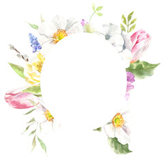 Watercolor spring floral frame illustration, Easter flower round frame , tulip,anemone,rose wreath, frame, for wedding stationery, nursery decor, greenery botanical save the date, baby shower diy