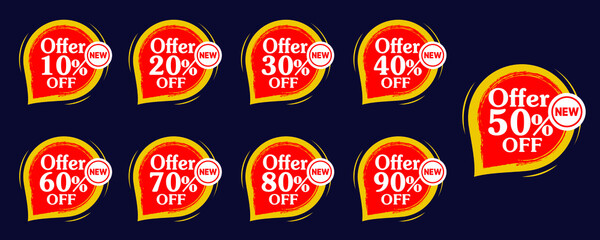 Offer tags set vector template. 10, 20, 90, 80, 30, 40, 50, 60, 70 percent off. New offer badges. flat red and yellow icons
