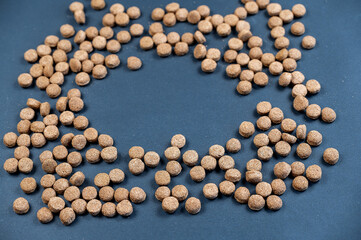 Close-up of dry pet food pellets against a gray background. Brown round pellets. Healthy food for pets. Selective focus. Copy space for text and design elements.