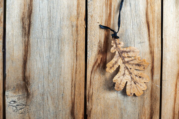 A brown tree leaf against a wooden background. Autumn oak leaf hanging vertically on twine. Old cracked boards. Natural background with copy space for text and design elements