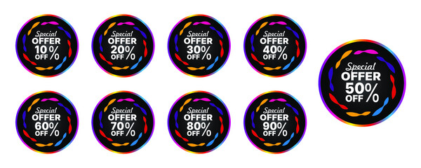 Special offer stickers vector template. 10, 20, 30, 40, 50, 60, 70, 80 and 90 percent off. colorful Round badge with black background