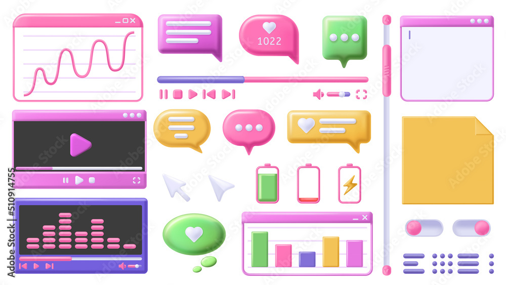 Poster design 3d elements. video player window, notes and text editor app. scroll bar, ui buttons and offic