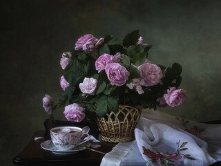 Still life with bouquet of pink roses and tea cup