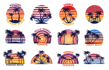 Retro beach sunset. Summer paradise print with grunge 80s striped sun and palm trees silhouettes vector illustration set