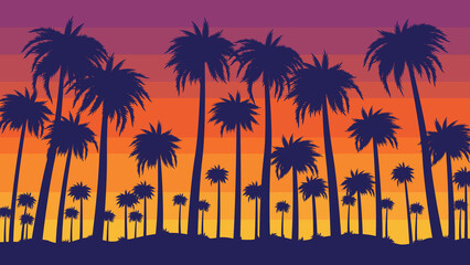 Obraz na płótnie Canvas Retro beach sunset. Evening California palm trees, tropical paradise with color striped sky background vector illustration