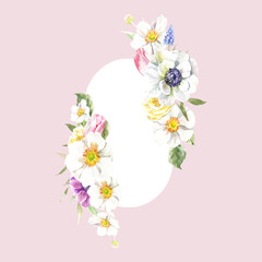 Watercolor pink spring floral frame illustration, Easter flower geometric frame, tulip,anemone,rose wreath, frame, for wedding stationery, nursery decor, greenery botanical save the date, baby shower