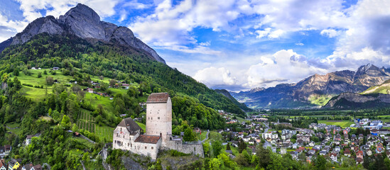 Aerial panoramic view of  medieval Sargans castle and town. Historic landmarks of Switzerland, St....