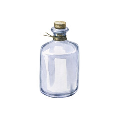 A glass bottle with a cork and a rope. An isolated object from a large set of Lavender SPA. Watercolor illustration. For decoration, design and composition.