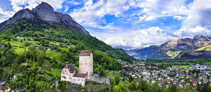 Aerial panoramic view of  medieval Sargans castle and town. Historic landmarks of Switzerland, St. Gallen canton