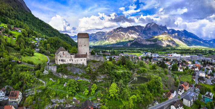 Aerial panoramic view of  medieval Sargans castle and town. Historic landmarks of Switzerland, St. Gallen canton