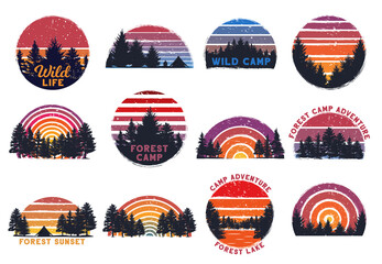 Retro forest sunset. Wild camp, sunrise camping and nature trees with grunge 80s striped sun background vector set © WinWin
