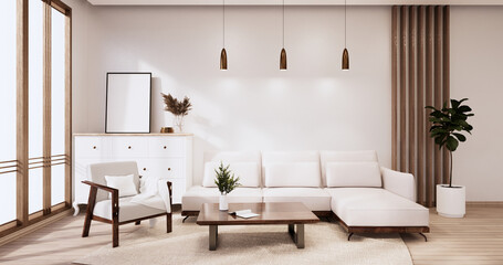 Fototapeta premium White Sofa japanese on room japan tropical desing and tatami mat floor.3D rendering